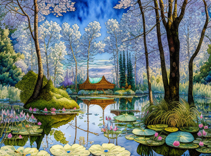 Serene pond with lily pads, gazebo, and lush landscape