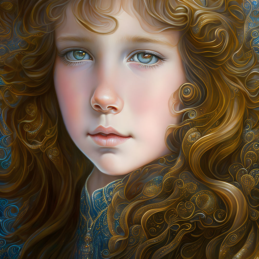 Young girl digital portrait with curly brown hair and blue eyes in ornate golden attire