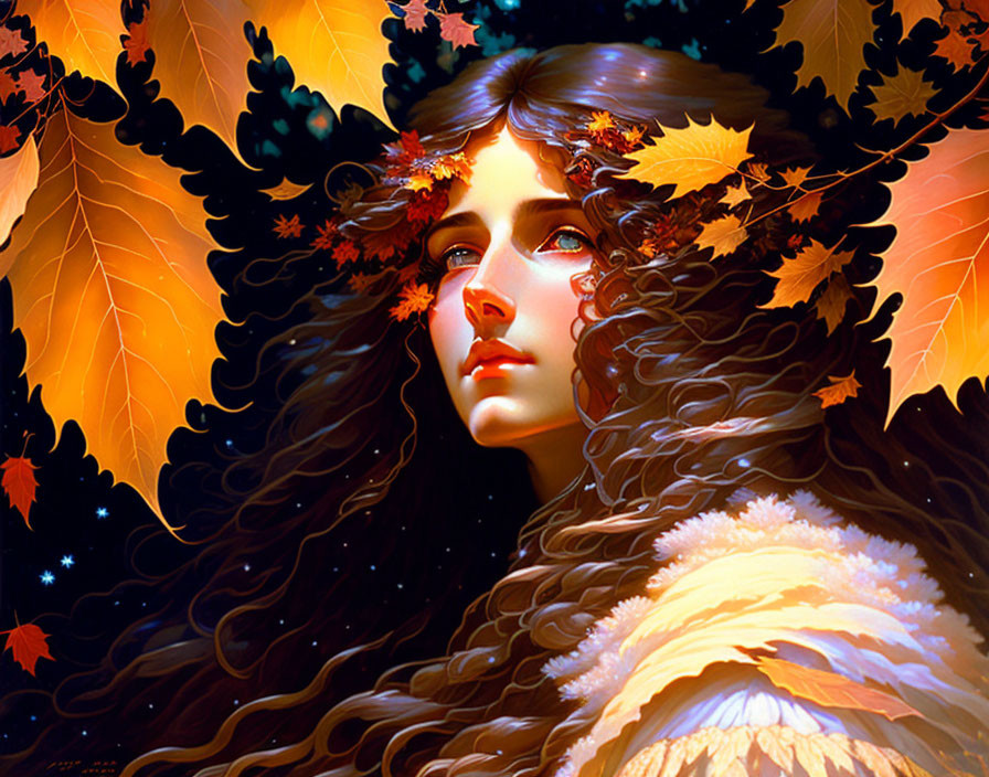 Dark-haired woman with autumn leaves in vibrant fall foliage.