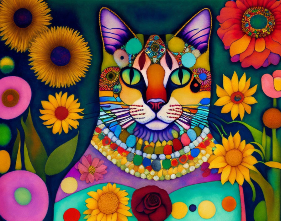 Colorful Painting of Ornate Cat's Face with Floral Patterns