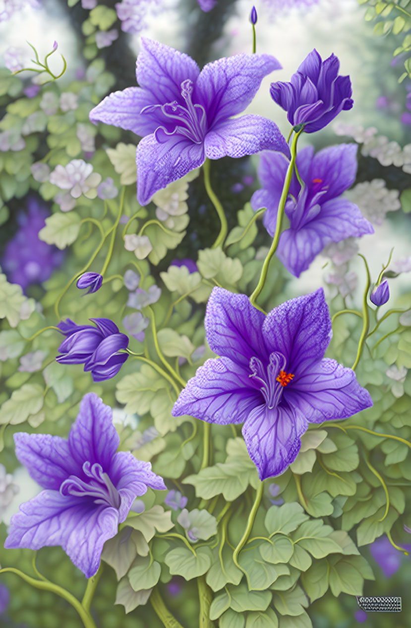 Detailed Purple Flowers Illustration with Green Foliage on Soft-focus White and Purple Background