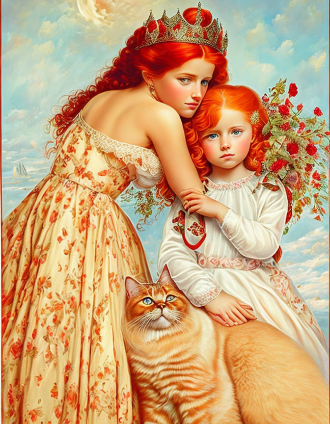 Red-Haired Woman, Child, and Cat in Crown Painting on Blue Sky Background