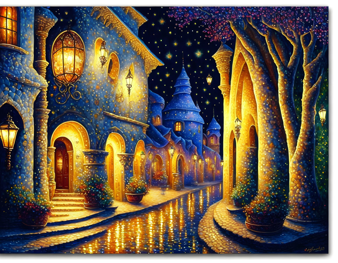 Starry Night Scene: Cobblestone Street, Glowing Trees, Whimsical Houses