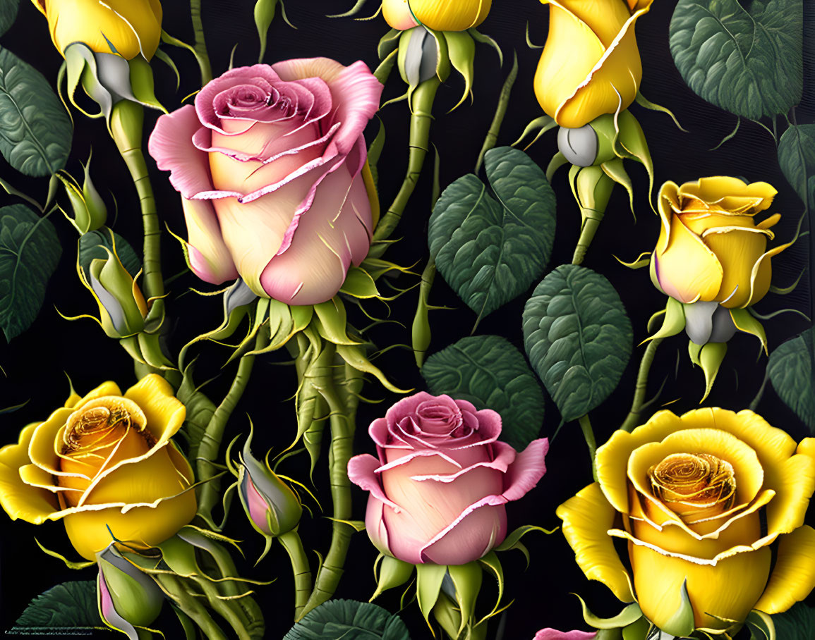 Colorful Pink and Yellow Roses Illustration on Dark Background