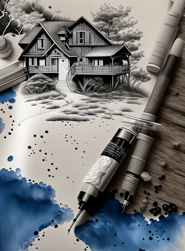 Detailed Monochrome House & Landscape Marker Illustration with Ink Splatters