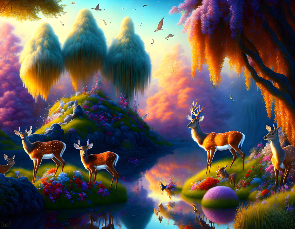 Fantasy landscape with weeping willow trees, serene river, colorful flora, deer in twilight