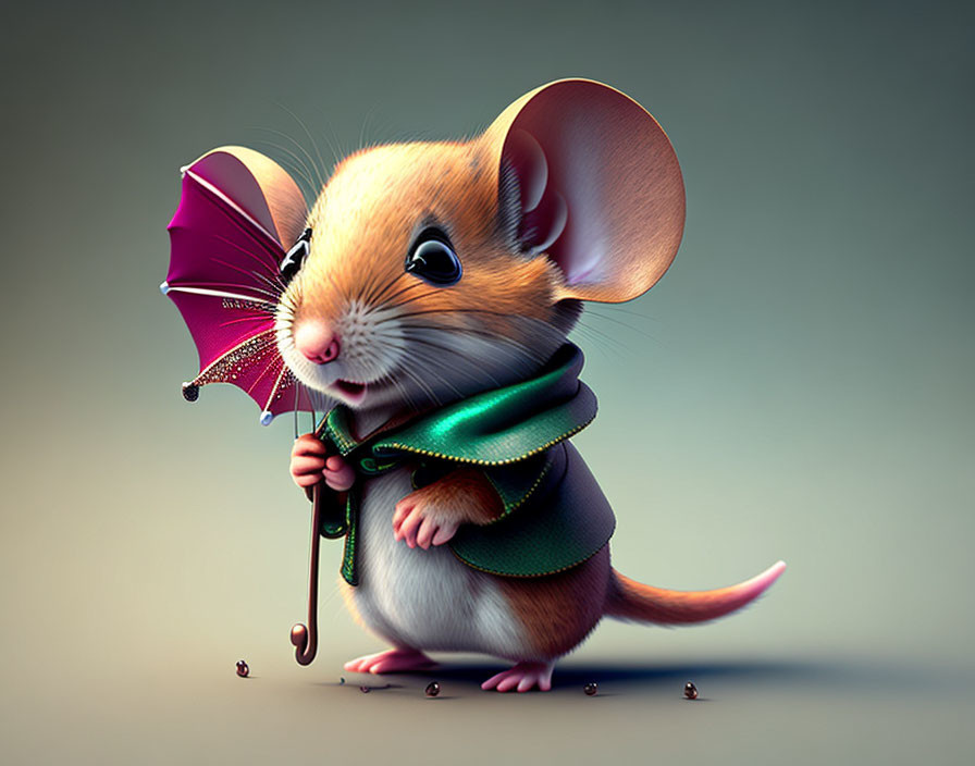 Adorable mouse with green scarf and purple umbrella in raindrops