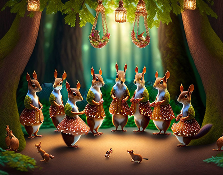 Anthropomorphized Squirrels Dancing in Polka-Dotted Attire in Forest Clearing