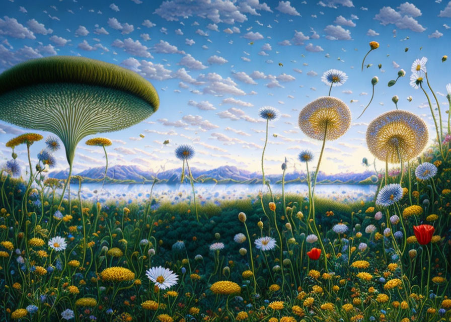 Surreal landscape with oversized dandelion-like plants and mountain backdrop