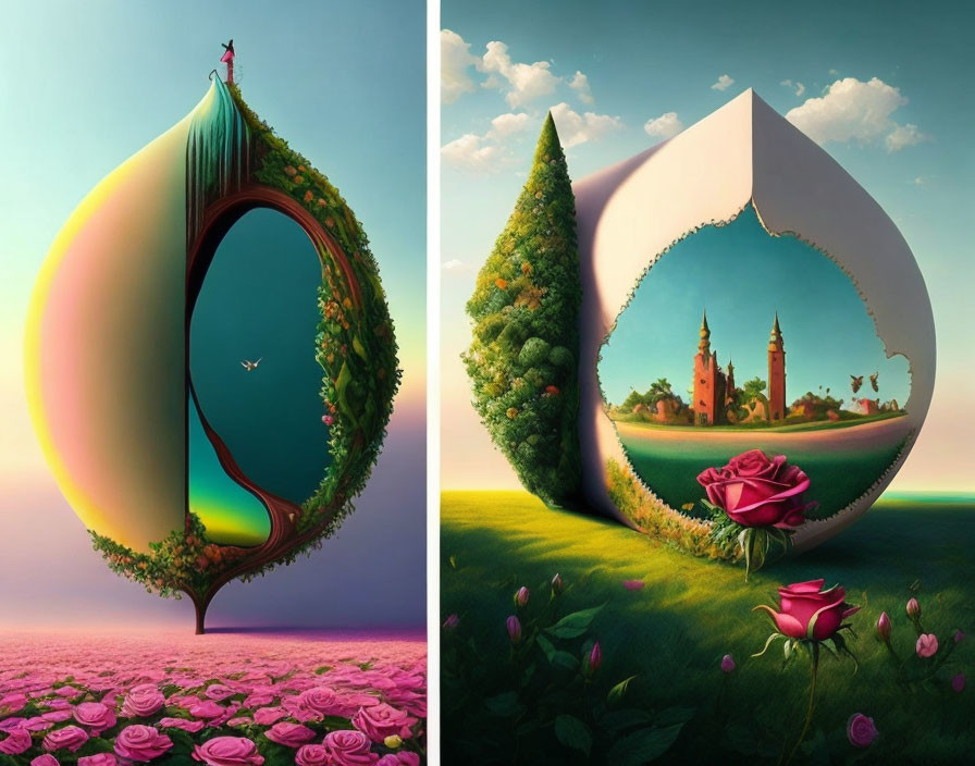 Surreal landscapes in pear-shaped containers with lush greenery and castle