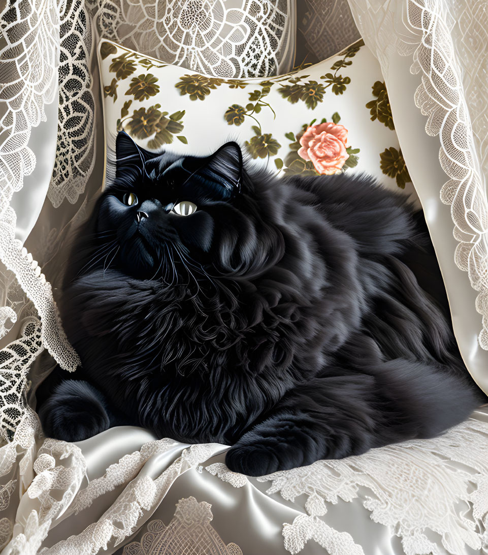 Fluffy black cat with piercing yellow eyes on elegant bed