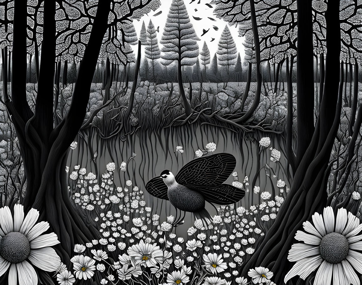 Detailed monochrome bird illustration in forest setting with elaborate wings and intricate background.