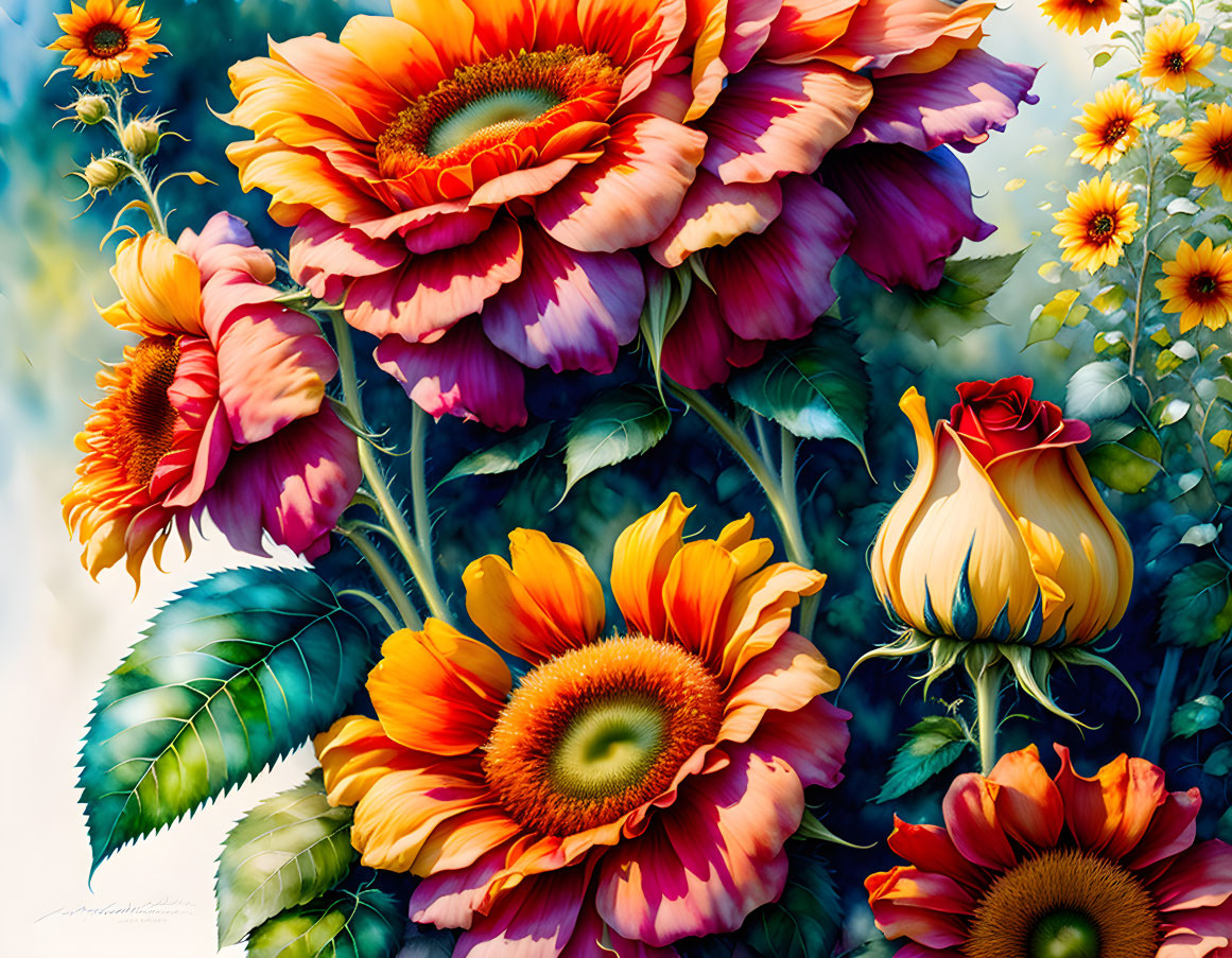 Colorful Floral Illustration Featuring Orange Sunflowers and Yellow Rose