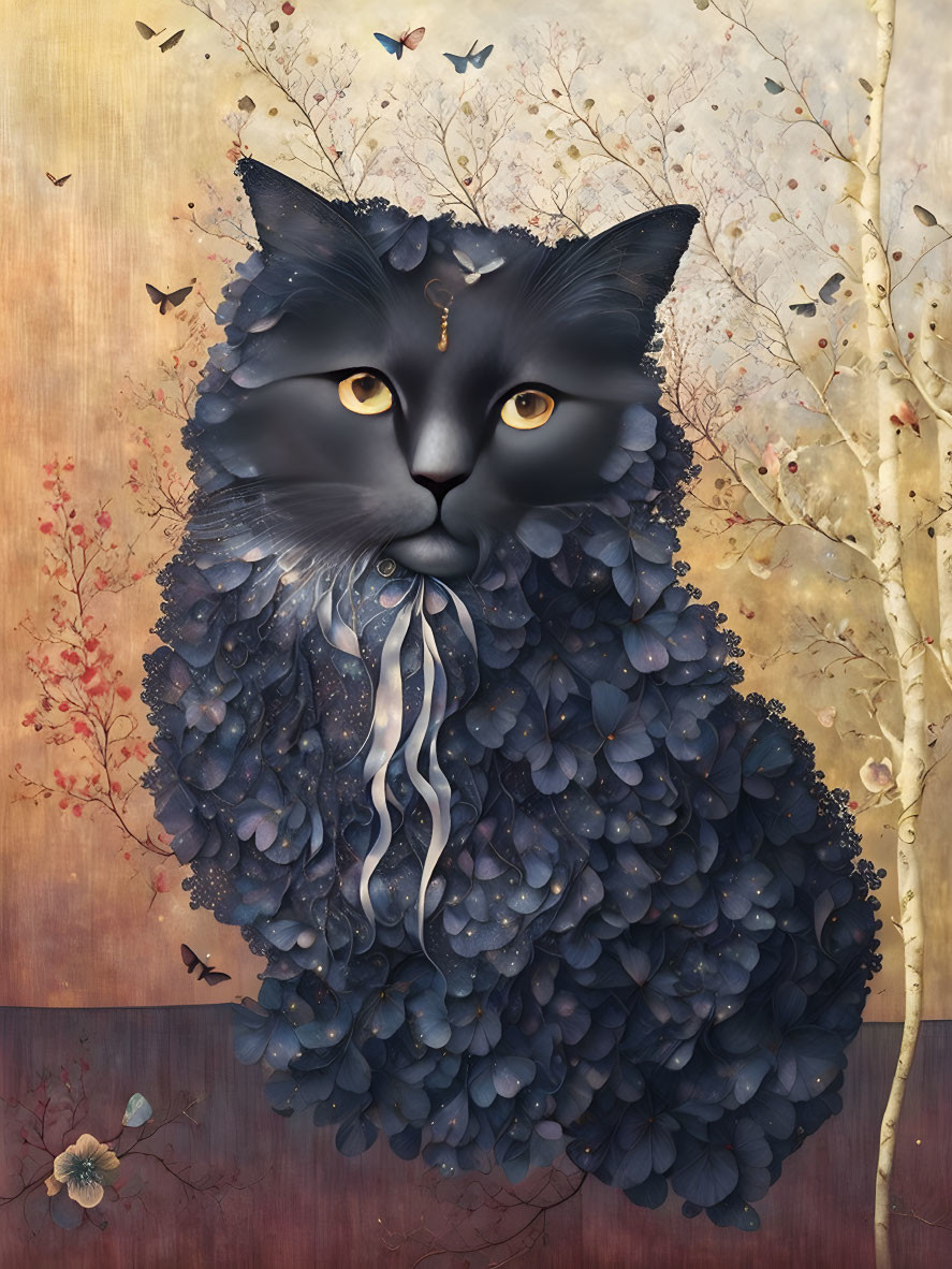 Surreal black cat illustration with blue leaf body in autumn setting