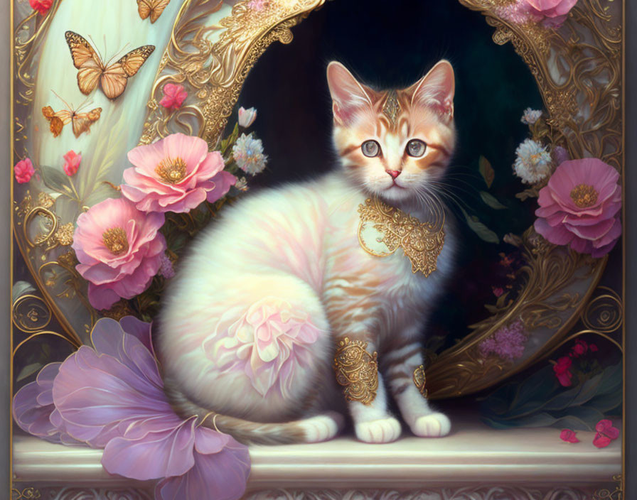 Fluffy kitten surrounded by pink flowers and butterflies in a serene setting