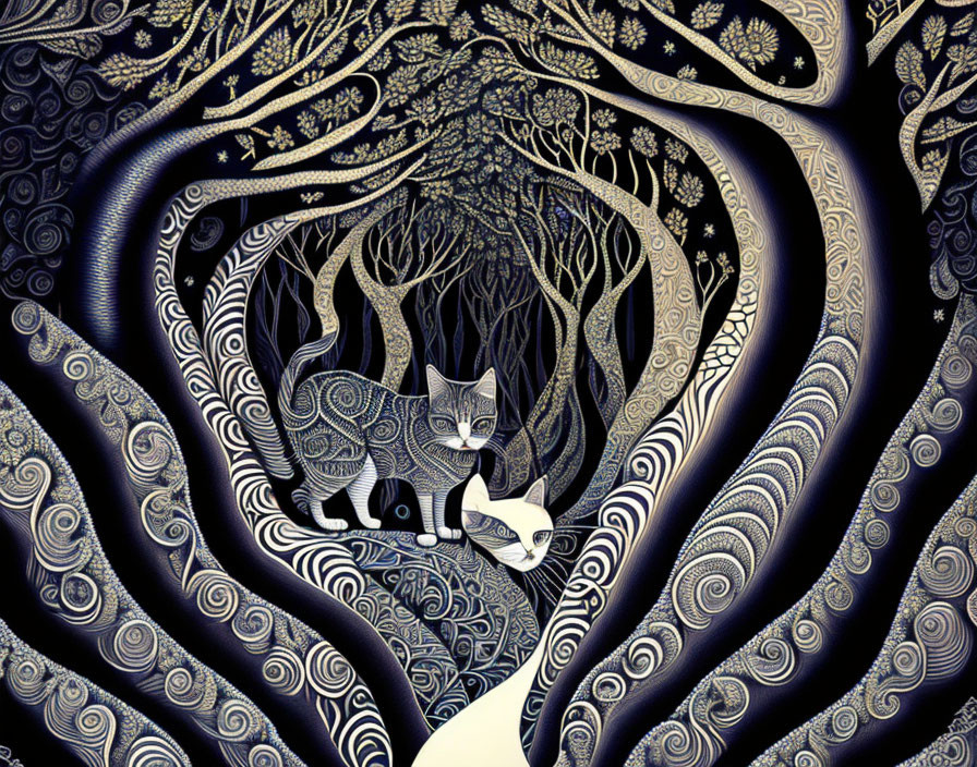 Intricate Monochromatic Artwork: Two Cats Under Patterned Tree