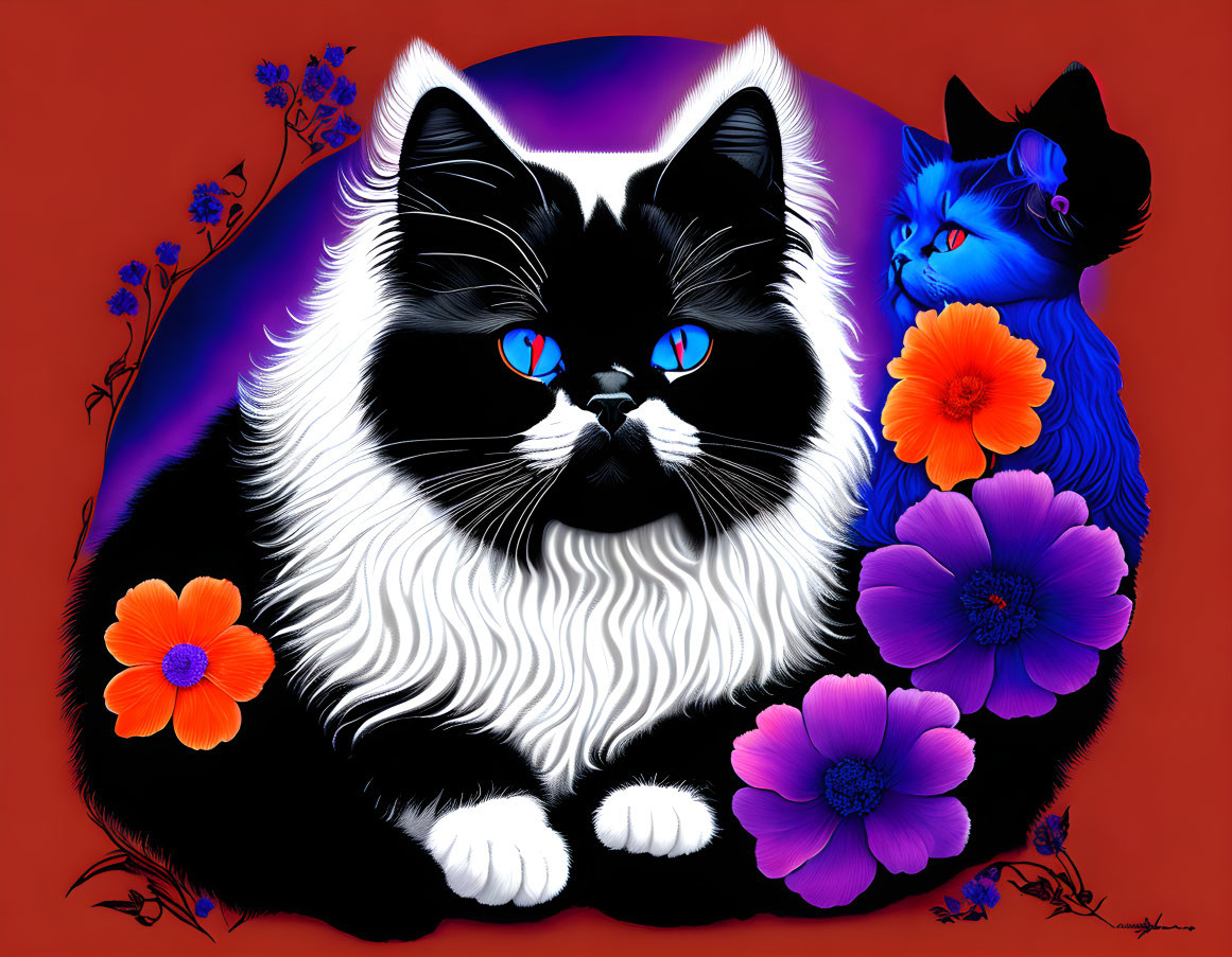 Detailed Black and White Cat Illustration with Blue Eyes and Floral Silhouette