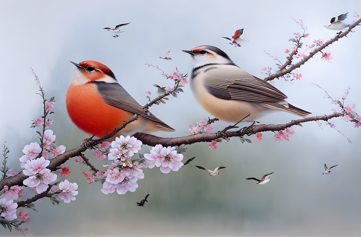 Colorful Birds Perched on Blooming Branch with Flying Insects