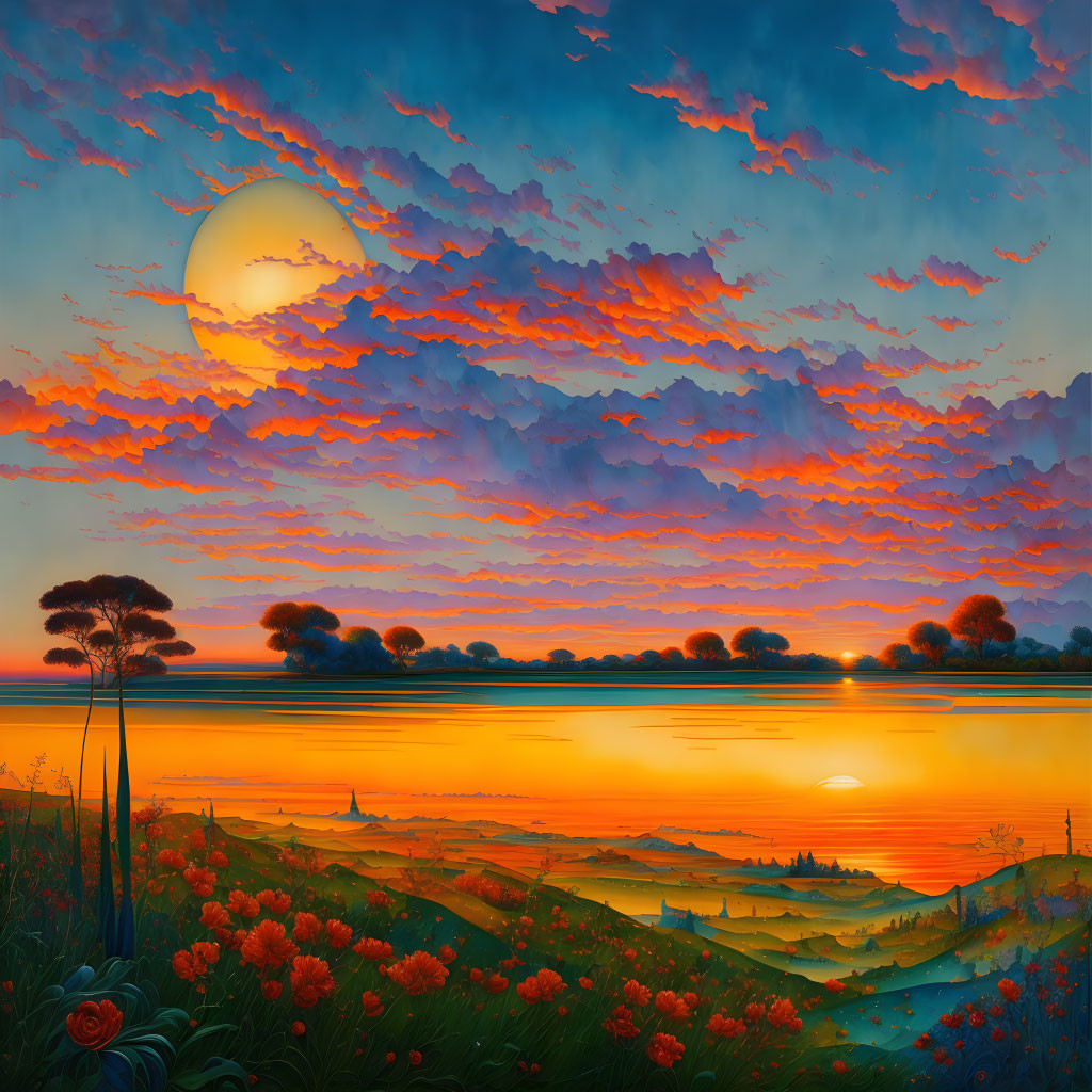 Vibrant sunset painting with orange and blue palette over tranquil river