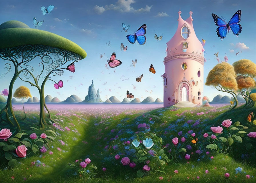 Pink castle in lush landscape with butterflies and flowers