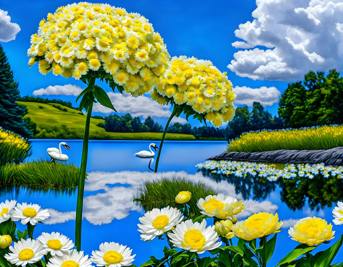 Colorful digital artwork: oversized yellow flowers by serene lake with swans, under blue sky.