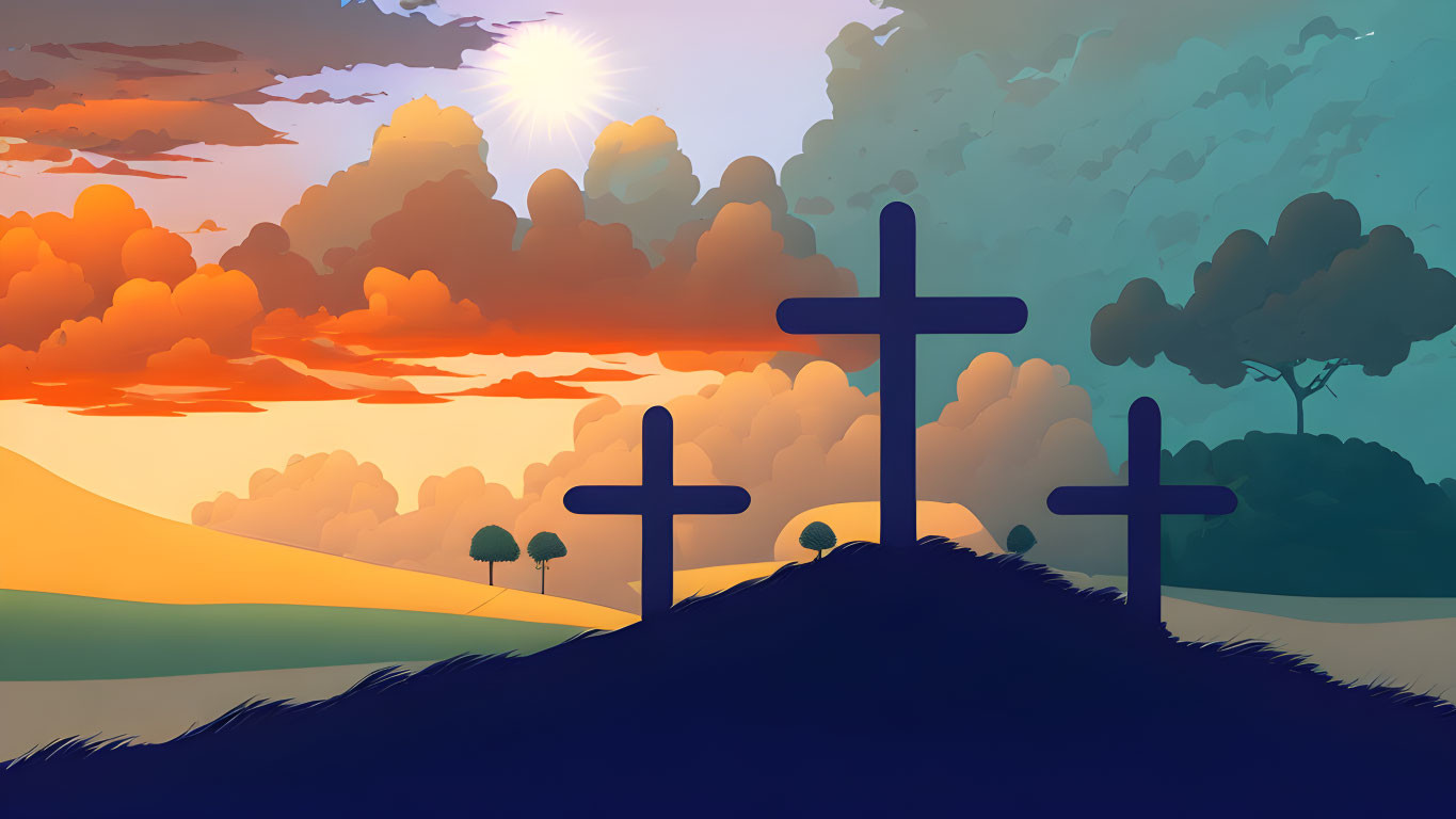 Vibrant sunset with three crosses on a hill