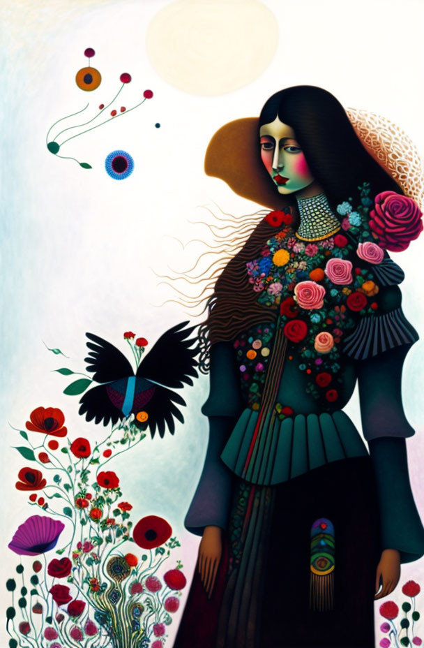 Abstract surrealistic woman with floral elements in vibrant colors