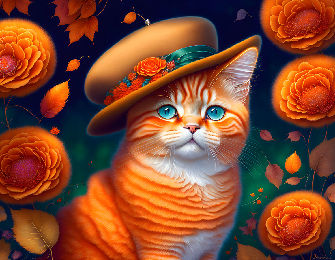 Illustrated orange cat with blue eyes in floral hat among orange blooms and leaves