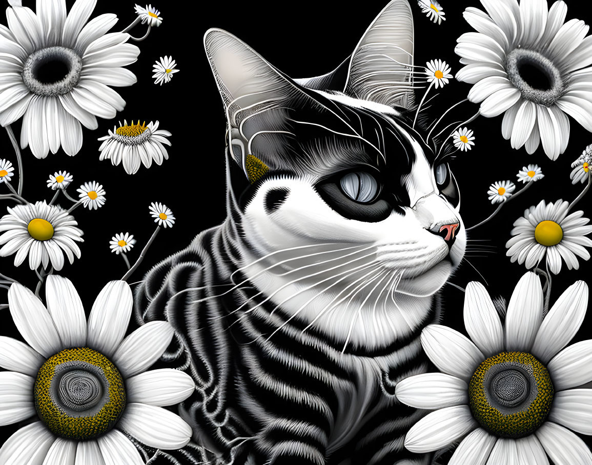 Detailed black and white cat illustration with daisies