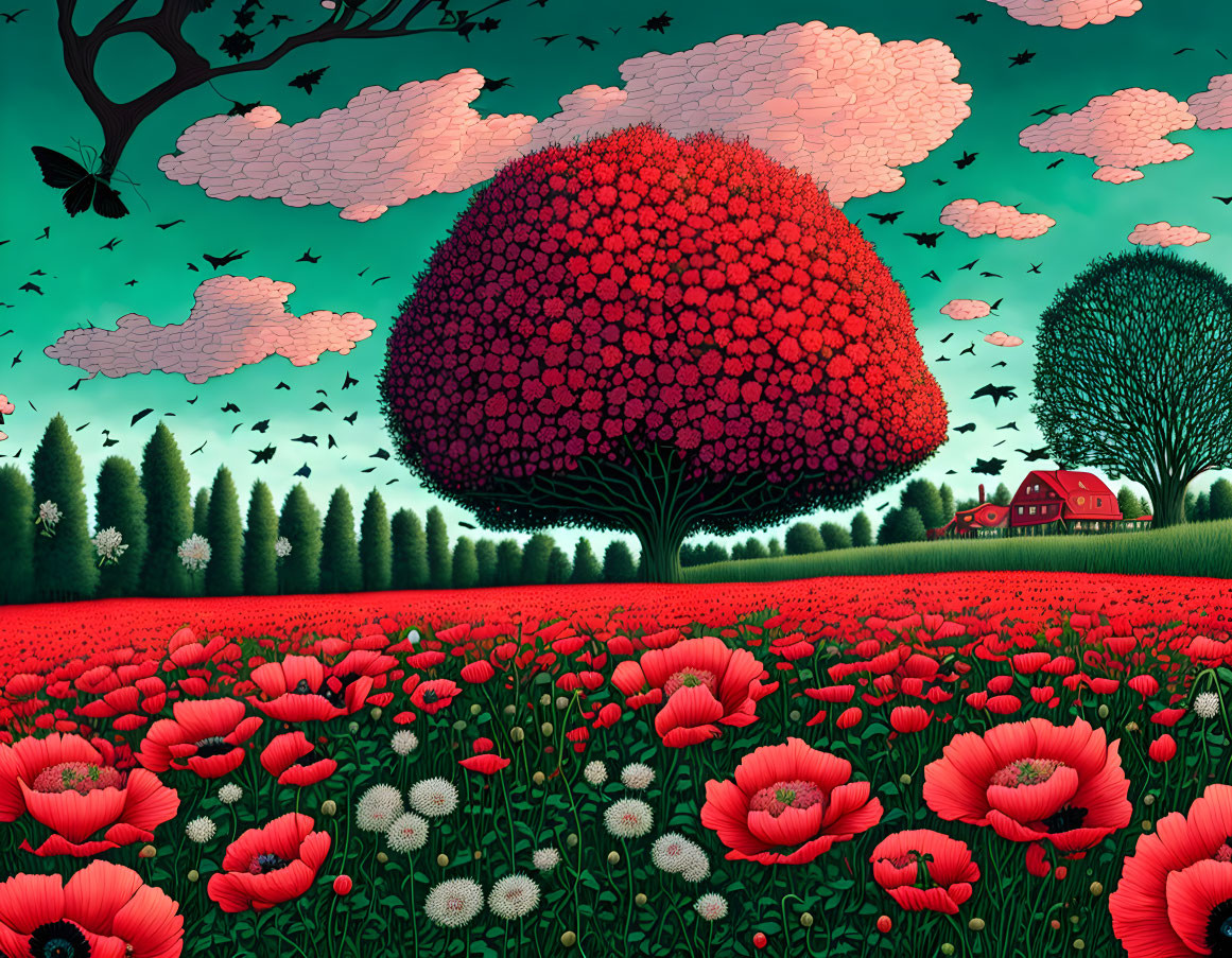 Colorful illustration of lush field with poppies, tree, farmhouse, birds, green sky.