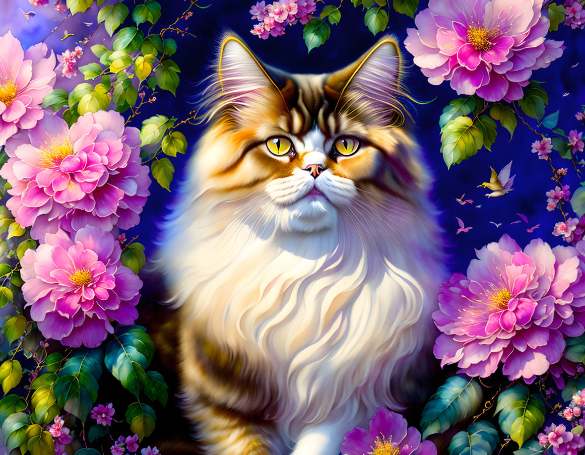 Long-Haired Cat Surrounded by Pink Peonies on Blue Background