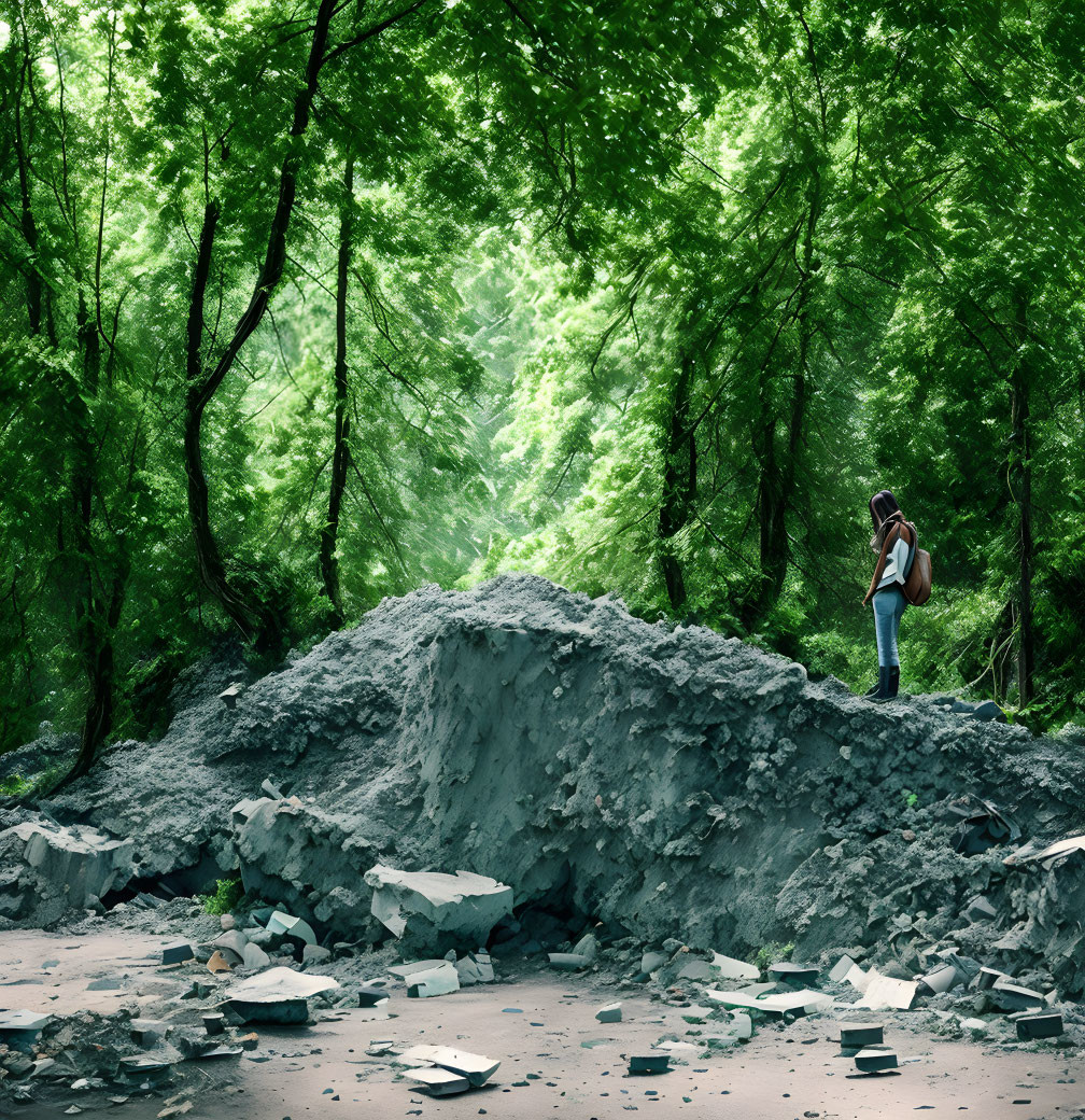 Person with backpack in lush greenery near rubble under tree canopy