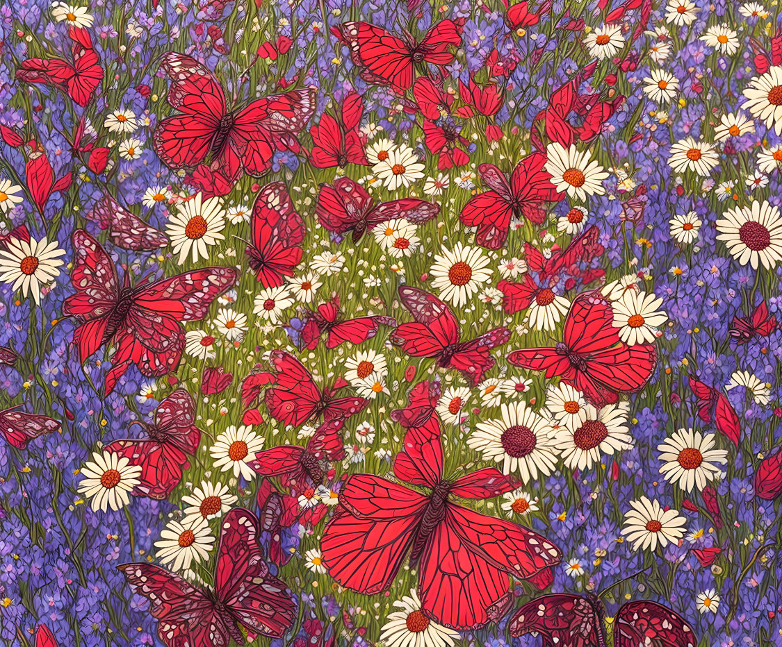 Colorful Butterfly and Wildflower Illustration with Red Butterflies