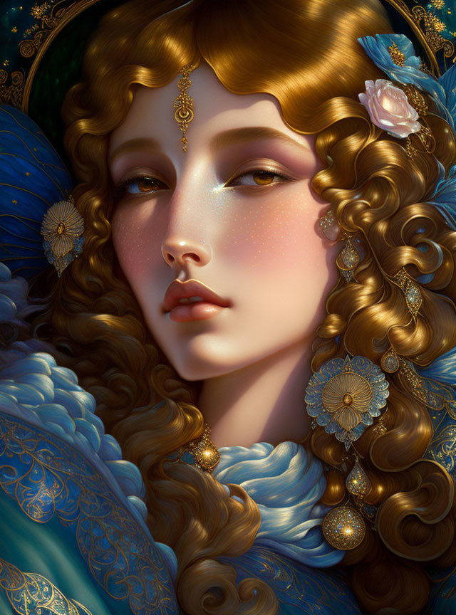 Digital artwork featuring woman with golden hair and celestial-themed blue attire