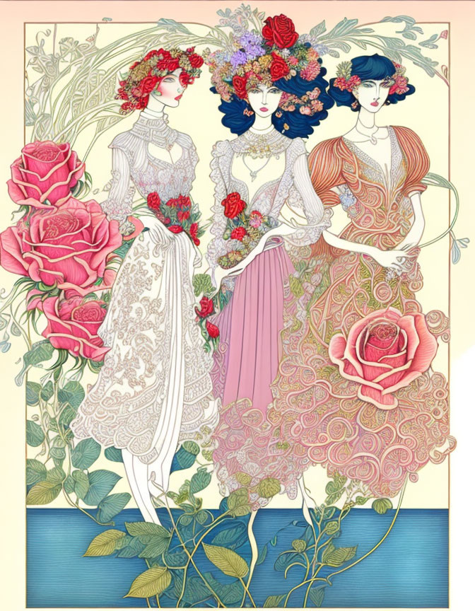 Stylized female figures and floral hats in art nouveau-inspired illustration