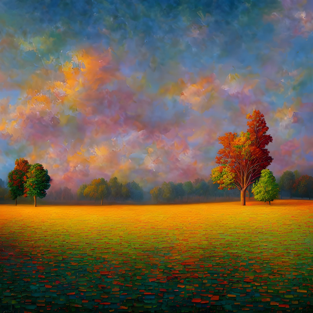 Colorful Field Landscape Painting with Textured Sky at Sunrise/Sunset