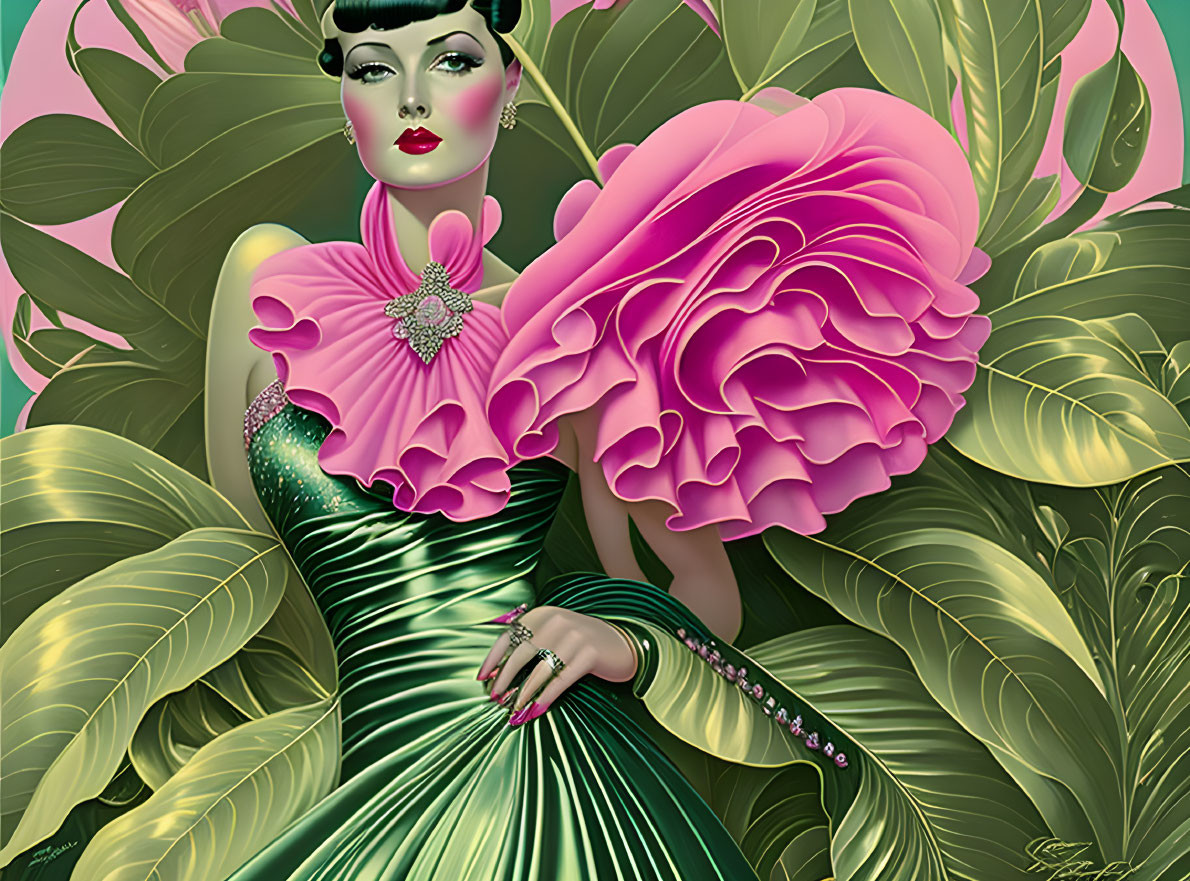 Illustration of elegant woman in pink and green dress with ruffled collar against leafy backdrop