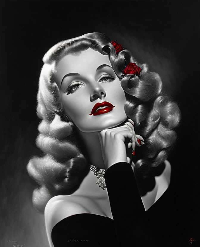 Vintage Black and White Portrait of Stylized Woman with Curled Hair and Red Lips