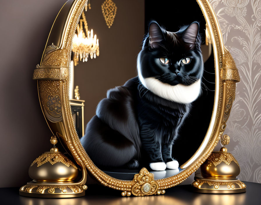 Striking black cat with white markings in front of golden mirror