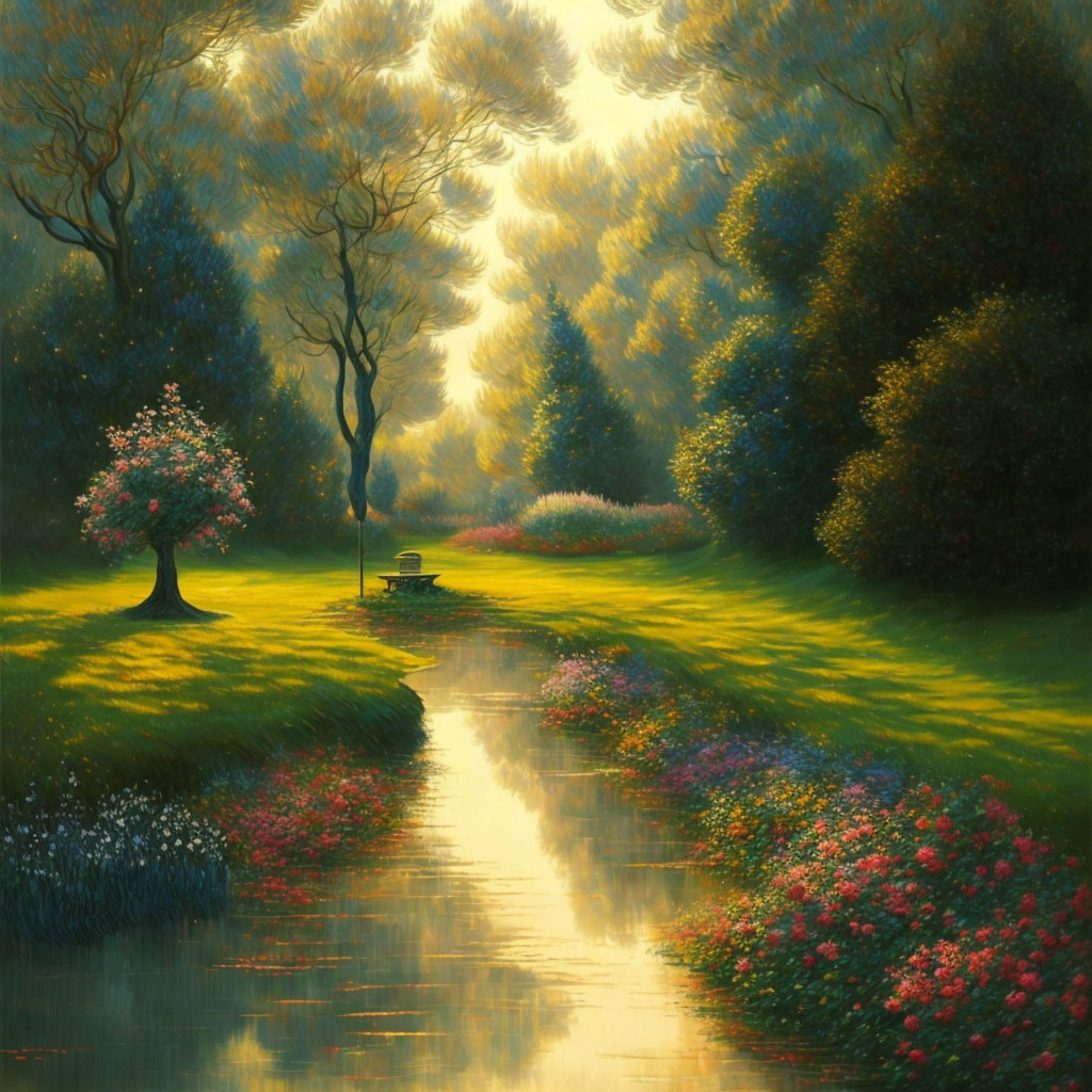 Tranquil landscape with stream, blossoming trees, meadow, and bench