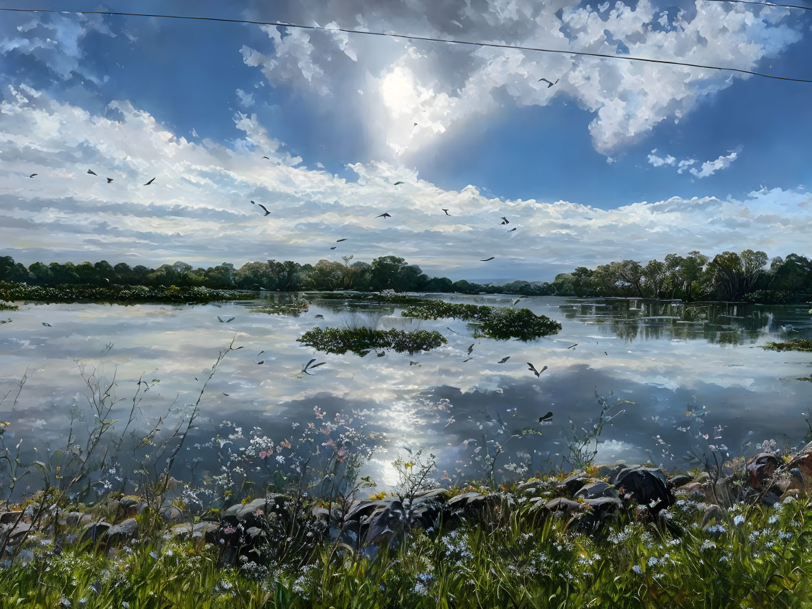 Tranquil lake scene with lush vegetation, scattered flowers, and birds in the sky