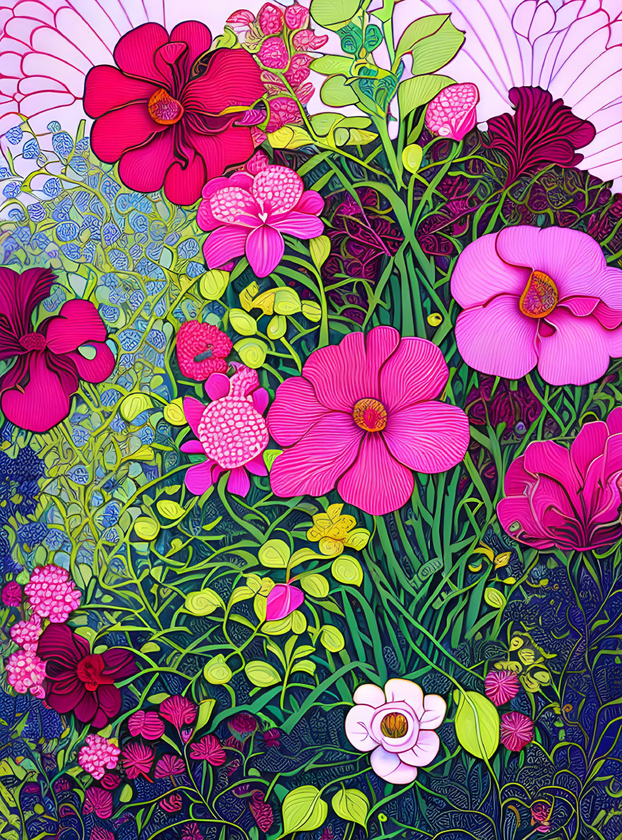 Colorful Digital Artwork Featuring Stylized Flowers in Pink and Red on Purple Background