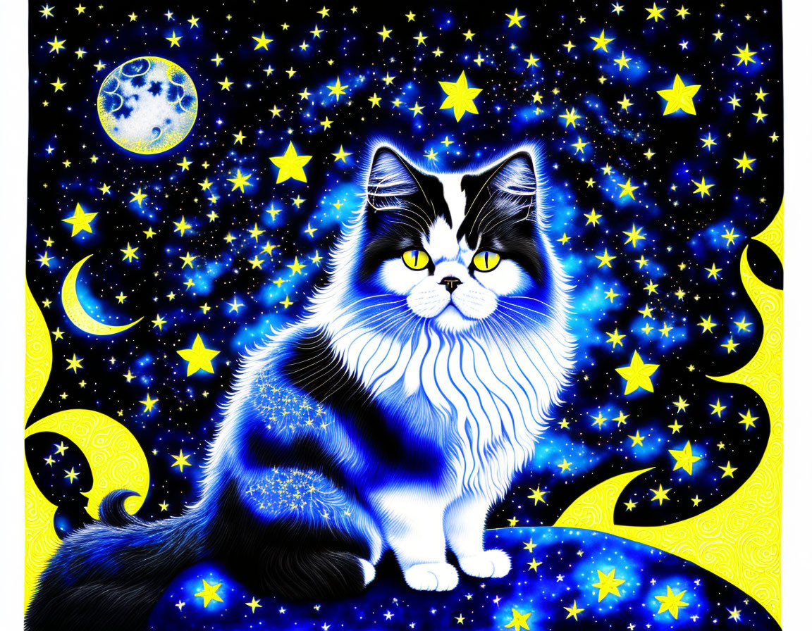 Colorful Tuxedo Cat Artwork Under Starry Sky