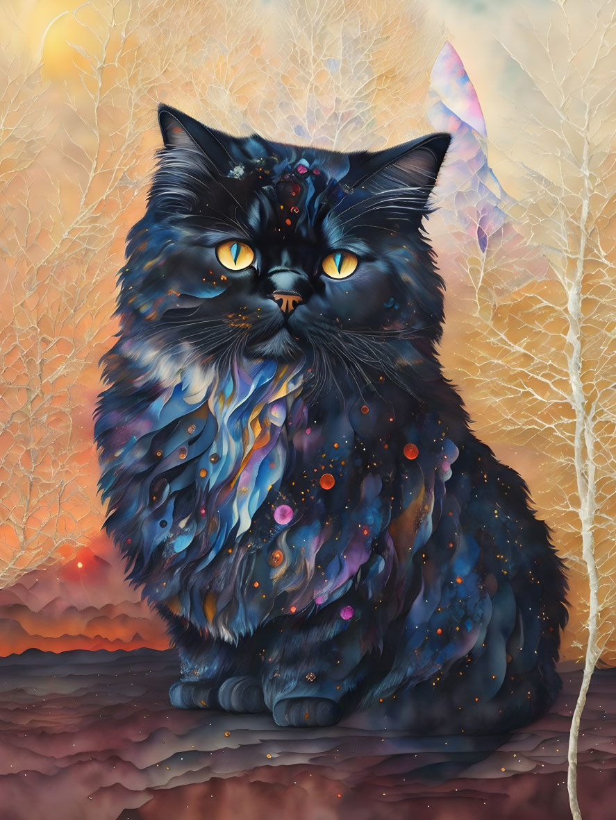 Surreal black cat with cosmic fur pattern in autumn setting