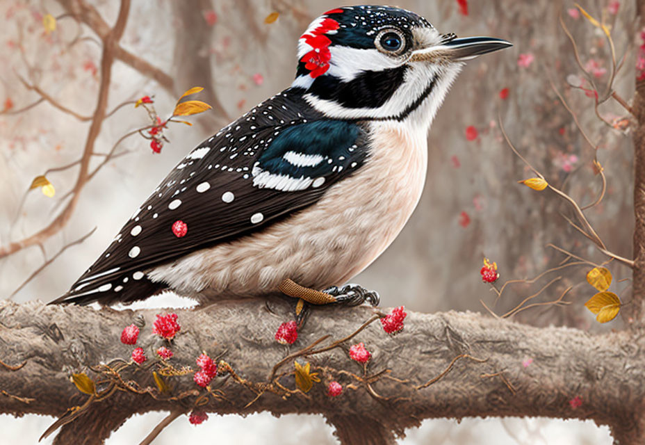 Colorful Bird with Patterned Plumage Perched on Branch Amid Autumn Leaves and Red Berries