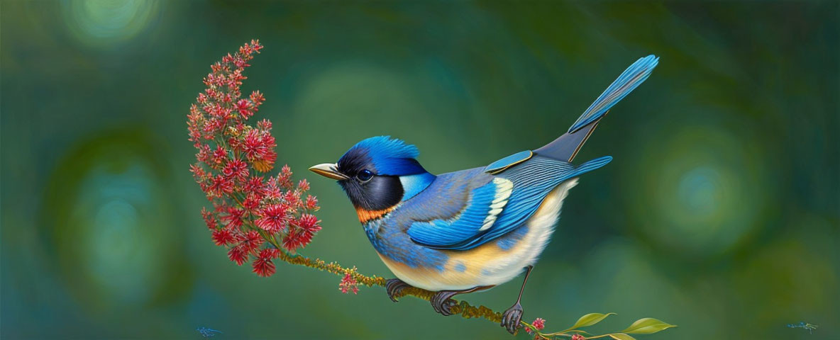 Colorful Blue and Gold Bird on Branch with Red Flowers Illustration