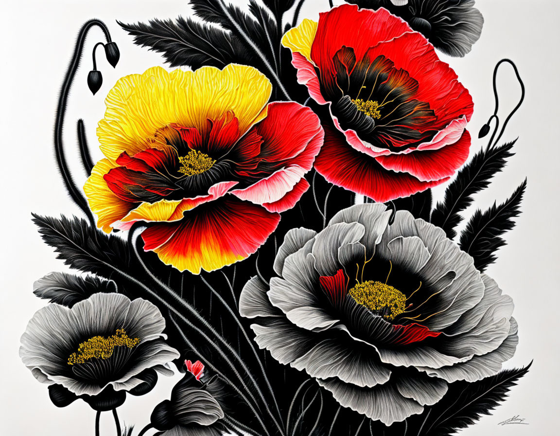 Colorful Poppy Art: Red, Yellow, Black Flowers with Dark Leaves