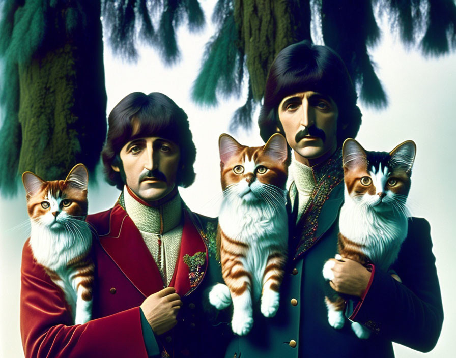 Four anthropomorphic figures in vintage suits with cat faces in forest scene