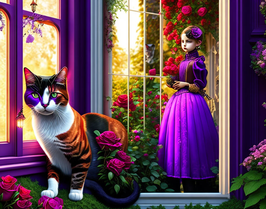 Calico Cat by Window with Girl in Purple Victorian Dress in Garden