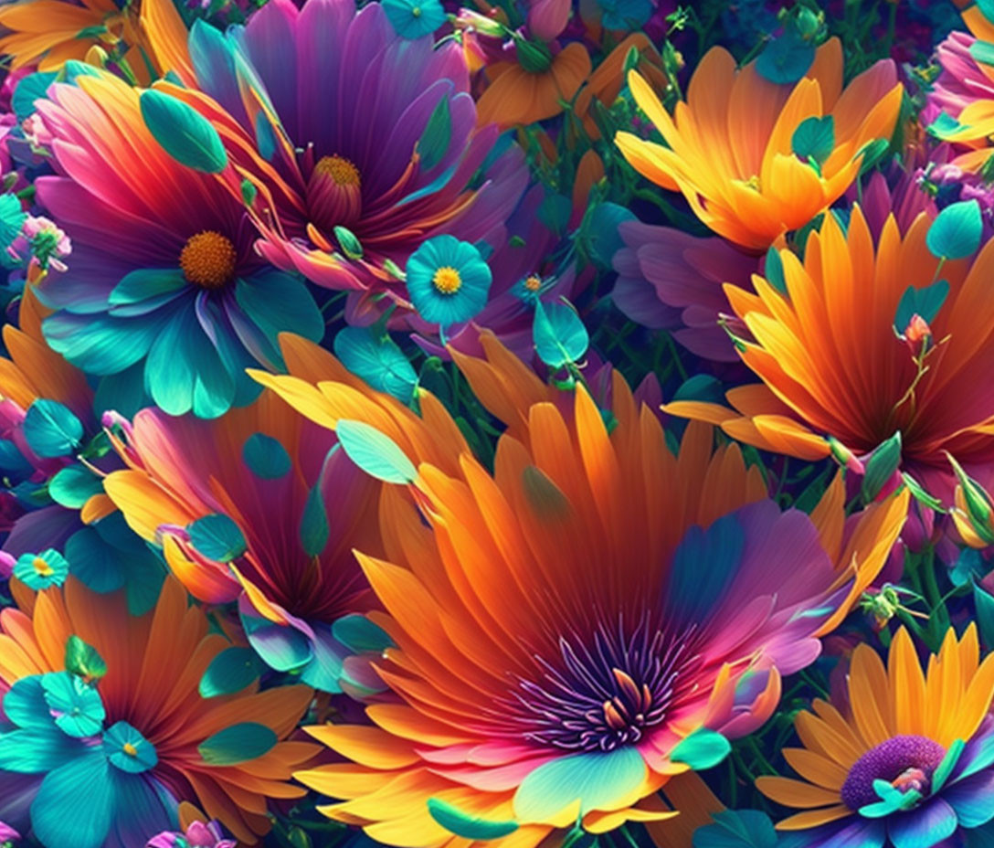 Colorful Floral Background with Orange, Purple, and Blue Blooms